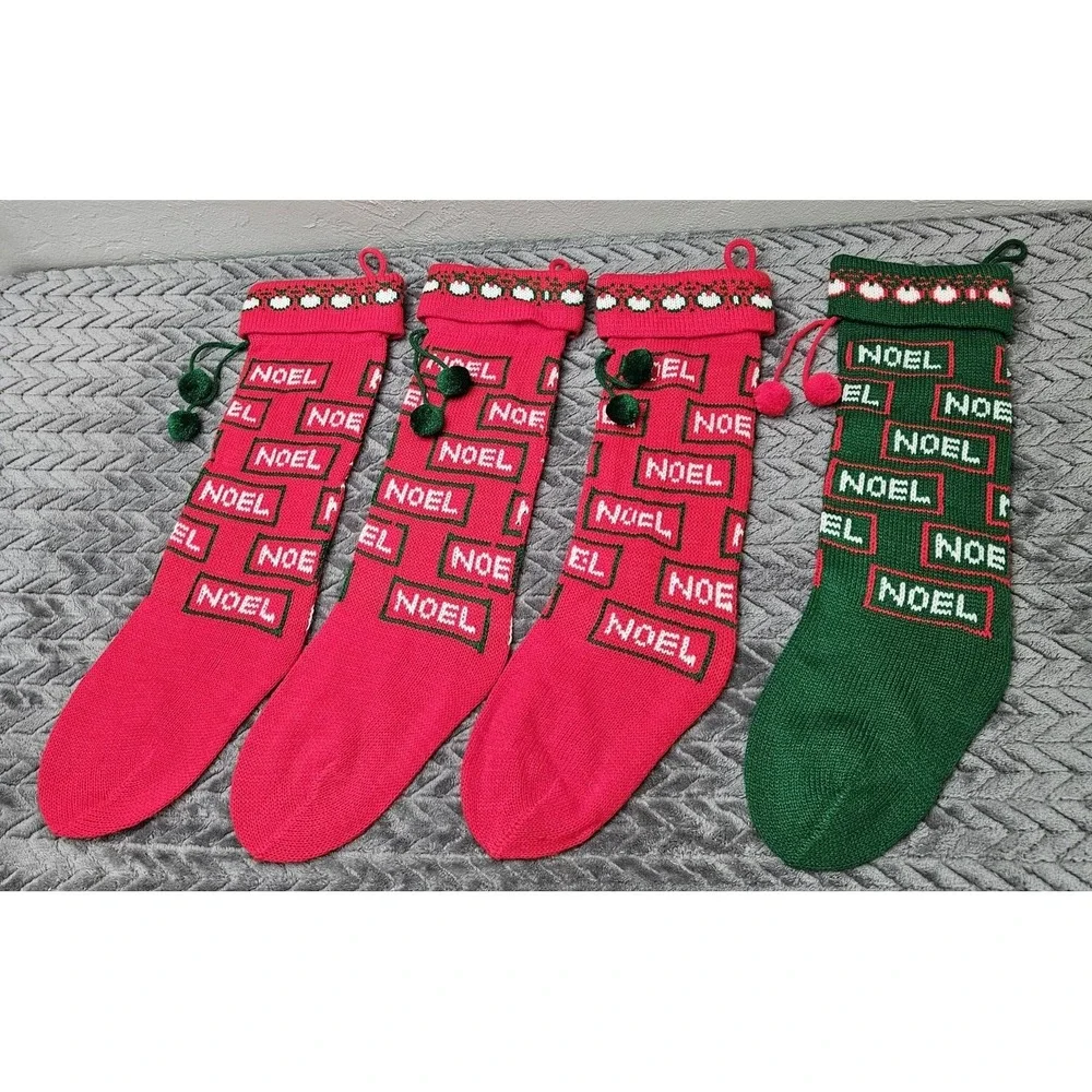 Vintage‎ 4 Knit Pom Pom Christmas Stockings Lot NOEL 3 Red 1 Green Bundle